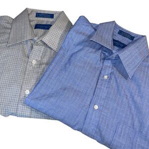 Set Of 2 Town Craft Mens Plaid Striped Long Sleeve Button Up Shirt Blue Tan Size